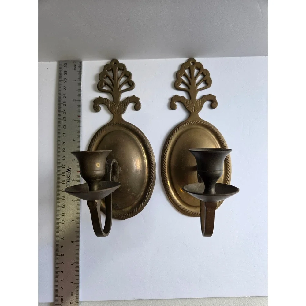Vintage Solid Brass Wall Sconces Pair Handcrafted India Scrolled Candle Holder
